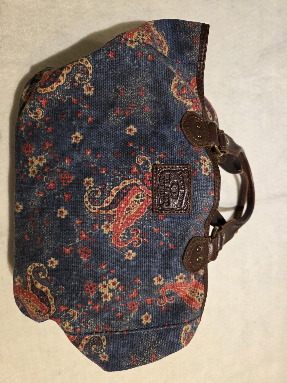 Lucky Brand Blue Paisley Canvas Satchel with Brown Leather Trim
